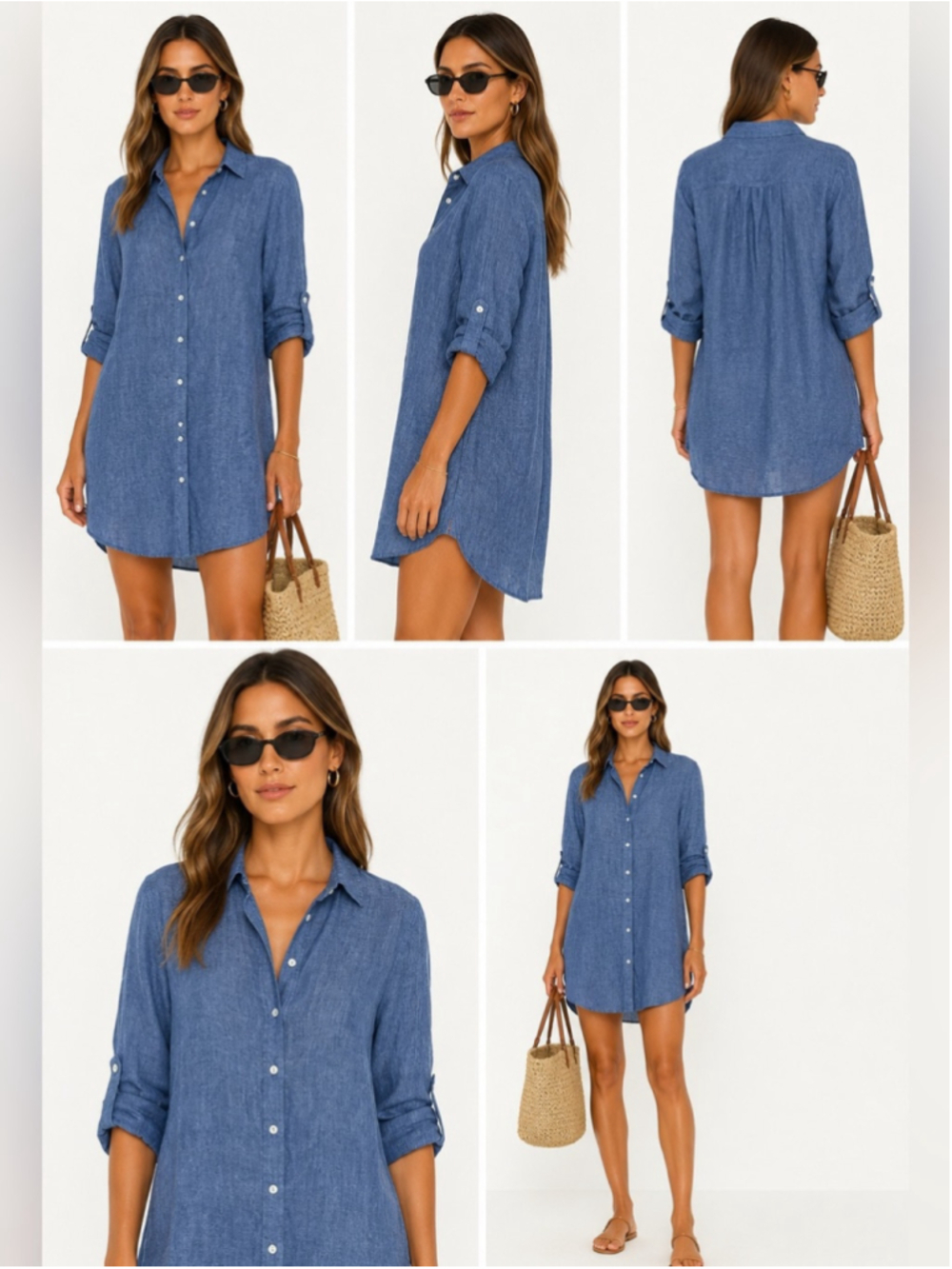 Eye of the Needle Blue Linen Button Front Tunic Shirt Dress Coastal Minimalist - Picture 2 of 8
